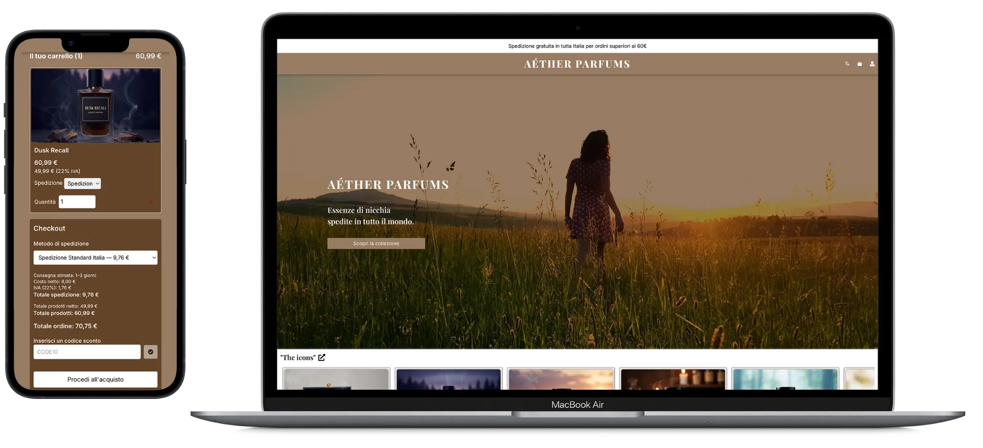 Screenshot del template Aether Parfums