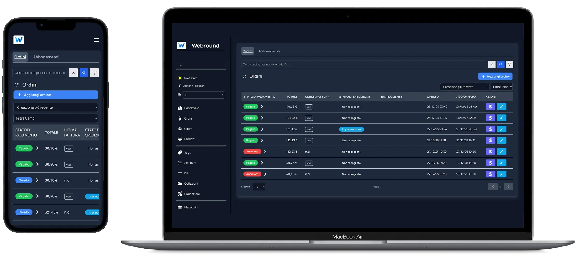 Screenshot della sezione Ordini di Webround Commerce