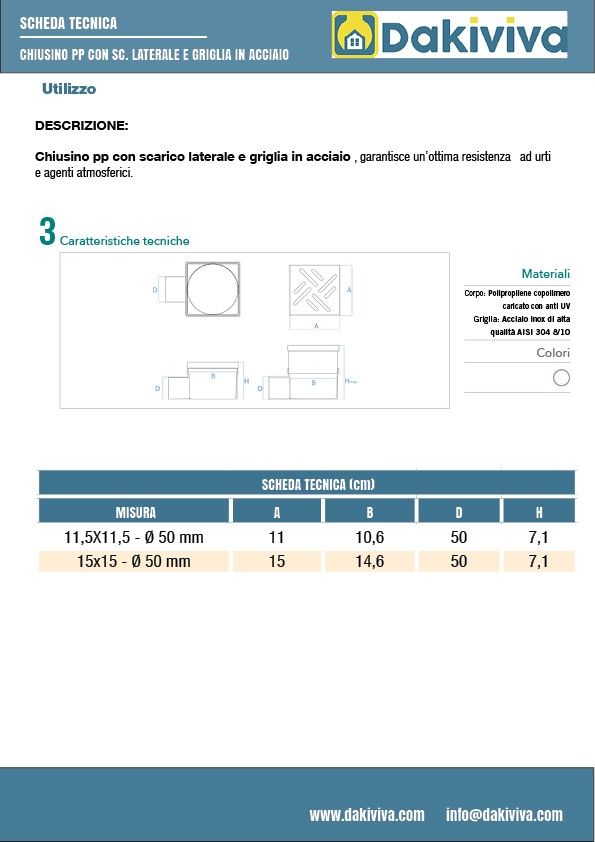 Chiusino sifonato in pp con scarico laterale e griglia in acciaio
