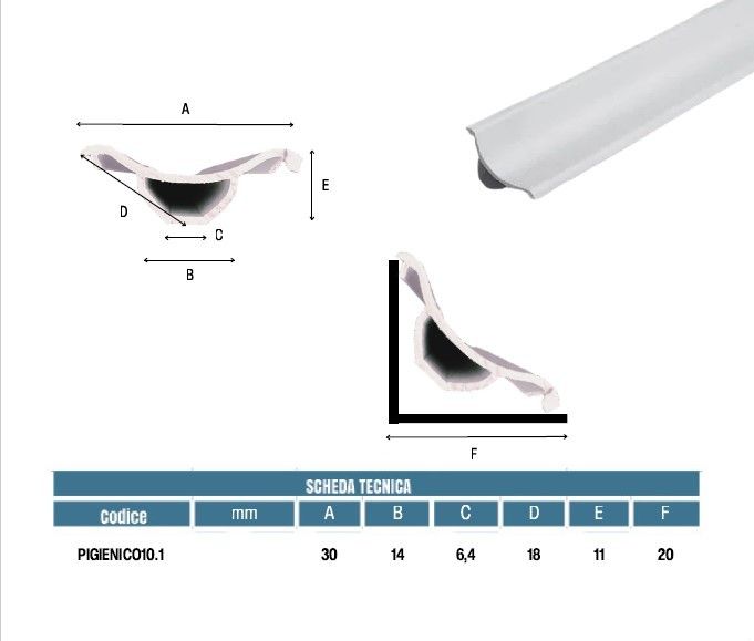 Profilo igienico rigido bianco 2,5 metri / angolare interno-esterno / tappo terminale